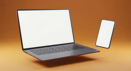 A laptop and a smartphone float against a gradient background, both with blank white screens.
