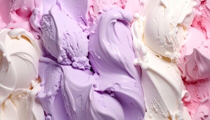 Close-up of creamy pastel ice cream scoops in pink, lavender, and vanilla flavors