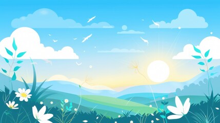 Obraz premium Fresh Spring Outing Wallpaper: Aesthetic Hand-Drawn Scene of Flower Sea & Blue Sky