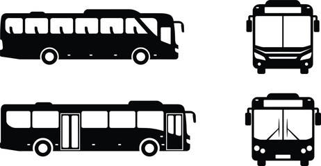 Silhouette vector illustration of modern city bus and coach front view and side view icons, public transportation vehicle graphic design for travel, transport, service