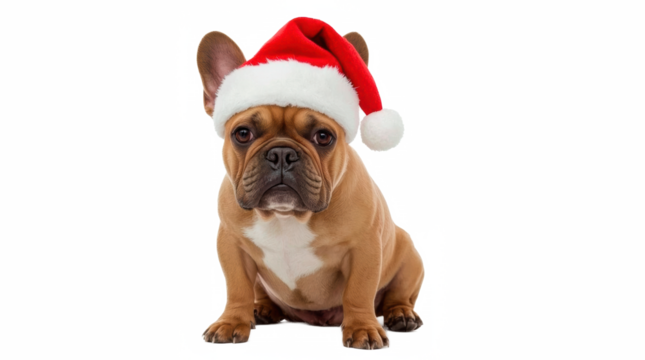 French Bulldog Wearing Santa Hat Isolated on transparent png Background