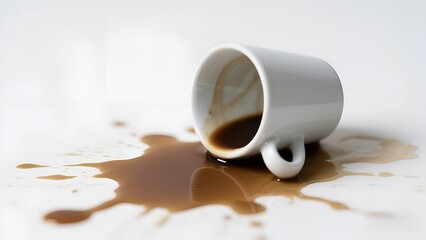 Spilled Coffee from White Cup on White Background &ndash; Close Up