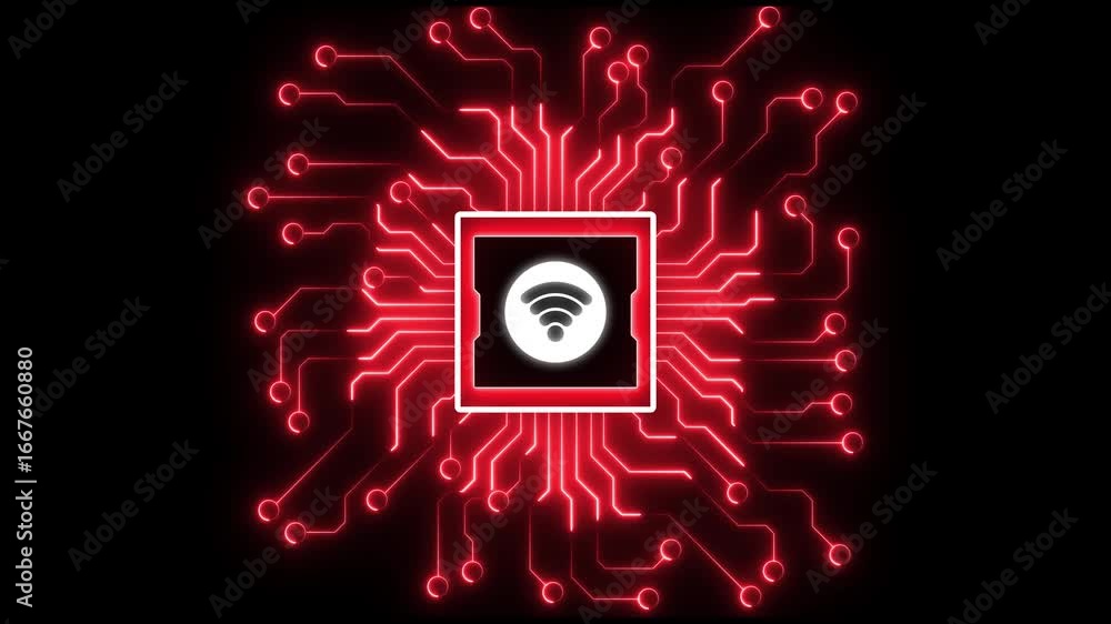 Poster animated wi-fi symbol with circuit board design on black background. wireless technology, wi-fi netw