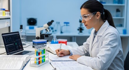 Scientist working in a laboratory with test tubes, microscope, laptop and taking notes.