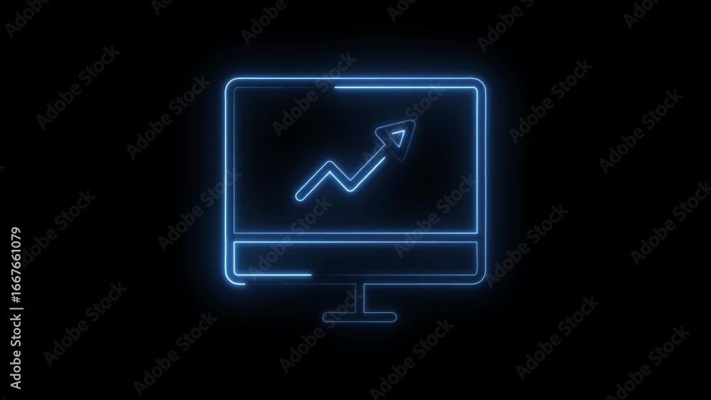 Poster glowing blue neon computer monitor displaying upward trending graph arrow symbol on black