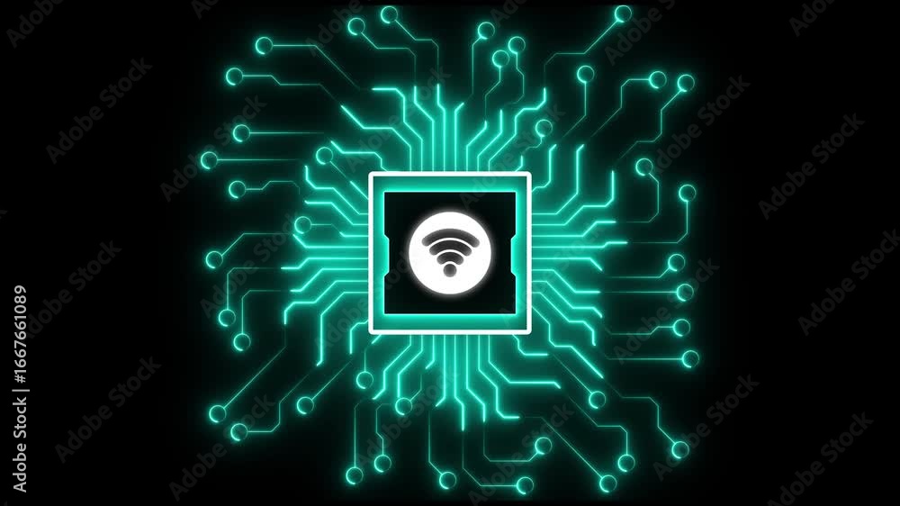 Poster animated wi-fi symbol with circuit board design on black background. wireless technology, wi-fi netw