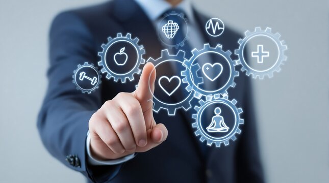 Health wellness concept businessman touching virtual interface gears with health icons