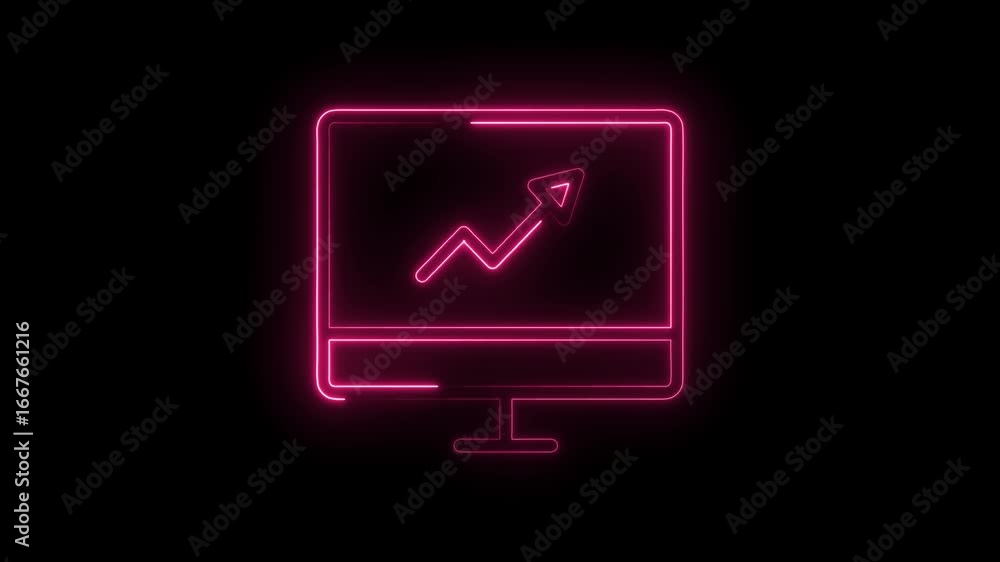Poster glowing neon pink computer monitor displaying upward trending graph arrow symbol on black