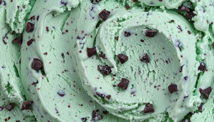 Fototapeta premium Close-up of refreshing mint chocolate chip ice cream with creamy swirls and dark chocolate chunks