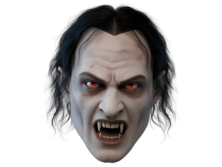 Terrifying Vampire Face with Glowing Red Eyes and Fangs isolated on a transparent background