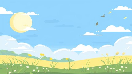 Obraz premium Fresh Spring Outing Wallpaper: Aesthetic Hand-Drawn Scene of Flower Sea & Blue Sky