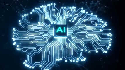Illuminated circuit board shaped like a brain with an AI chip in the center