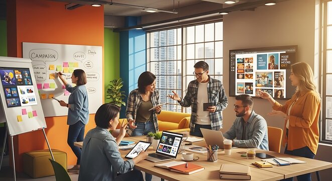 A diverse group of young professionals collaborating and brainstorming ideas in a vibrant, modern office workspace.