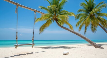 Fototapeta premium Tropical Beach Paradise with Swing and Palm Trees A Relaxing Getaway Destination for Vacation and Relaxation