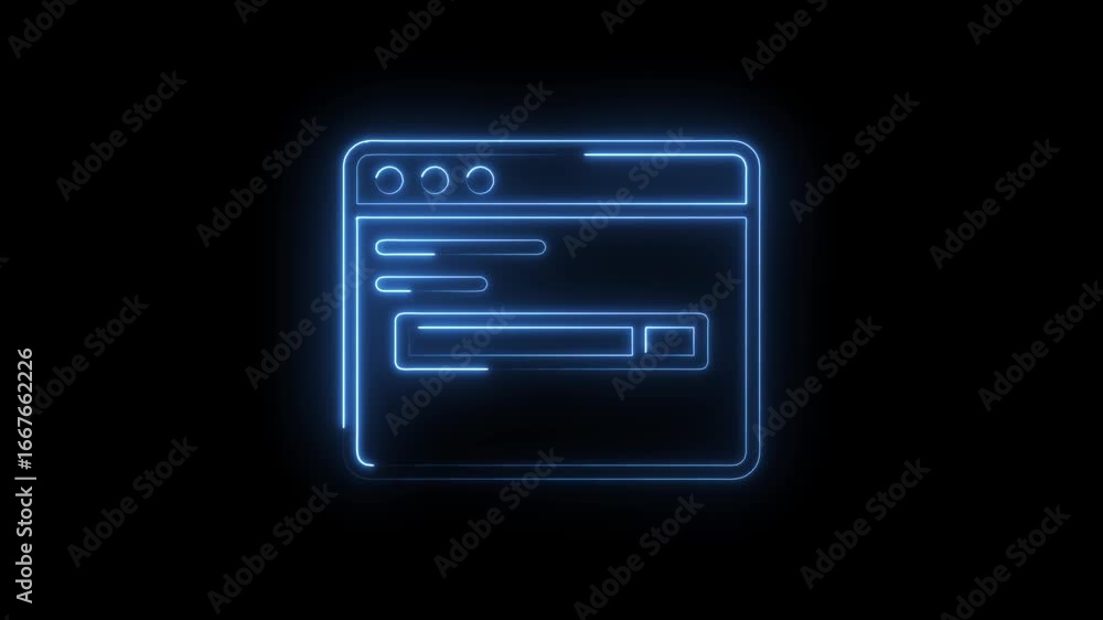 Poster glowing blue neon interface window with loading bars and circular icons on a dark background