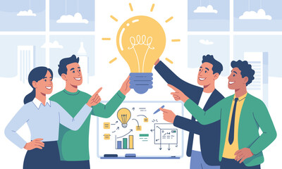 Flat Illustration Teamwork Business Brainstorming Bulb Idea Presentation Concept