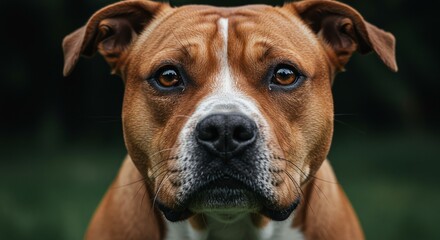 American Bulldog Close-up portrait of a brown and white. American Staffordshire Terrier dog with a serious expression, looking directly at the camera.