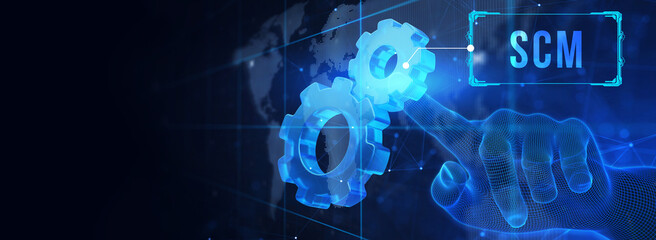 SCM - Supply Chain Management.  Supply Chain Management SCM. Aspects of Modern Company Logistics Processes. 3d illustration