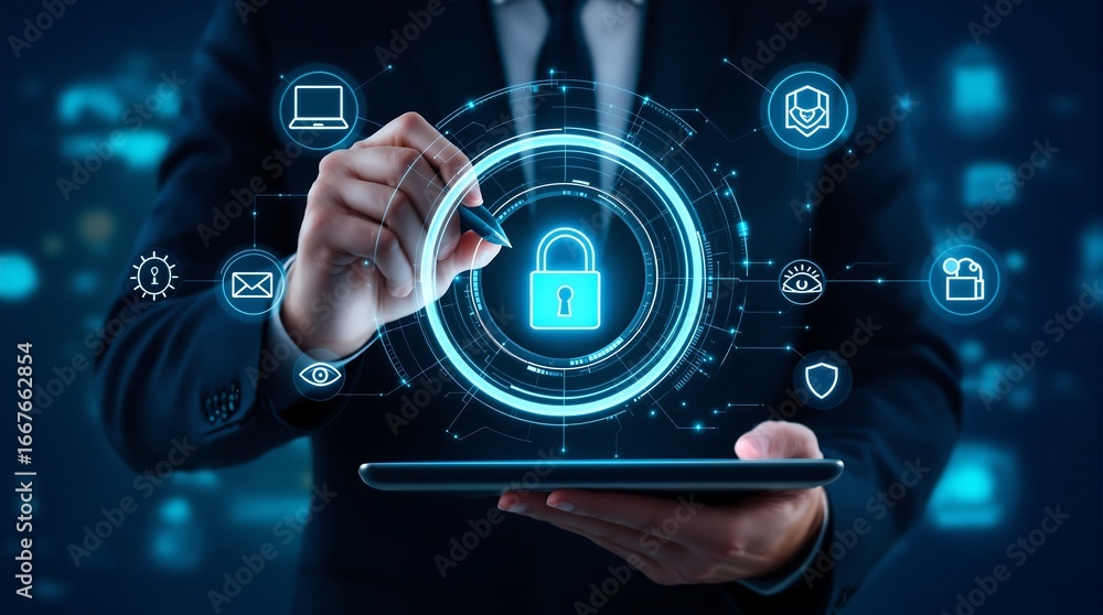 Aufkleber cybersecurity concept with businessman using tablet for data protection and network security
