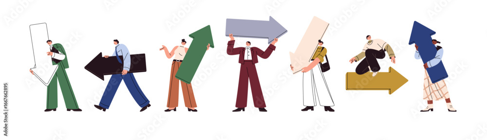 Poster people are pointing direction with big arrows set. men and women hold pointers of route. characters 