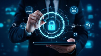 Cybersecurity concept with businessman using tablet for data protection and network security