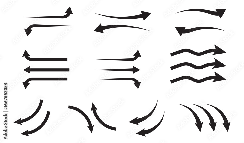 Poster vector arrows set showing curves and motion. air flow arrows showing wind circulation and ventilatio
