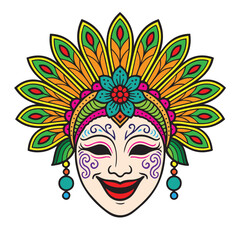 Colorful vector illustration of a vibrant MassKara Festival mask, decorated with feathers, ornaments, and smiling details, designed with bold festive bright patterns.