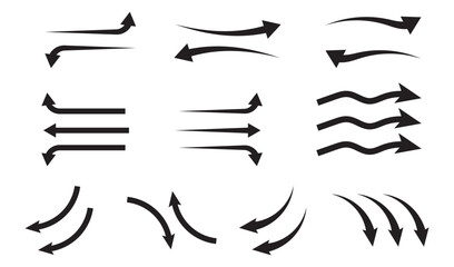 Vector arrows set showing curves and motion. air flow arrows showing wind circulation and ventilation. Collection of vector arrows with curved, wavy, and dynamic designs representing flow, rotation