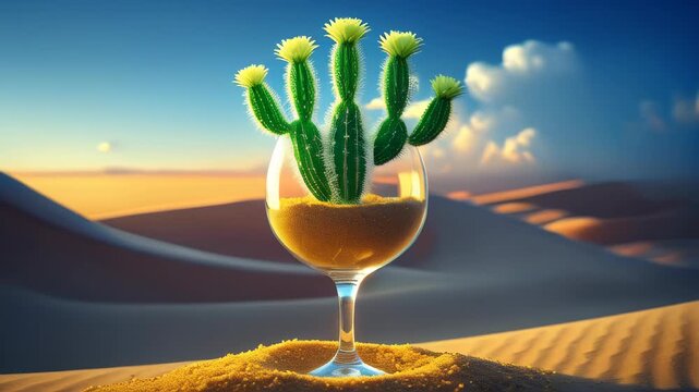 video of A surreal scene depicting a glowing green cactus sprouting from a wine glass filled with sand, set against a stylized desert backdrop