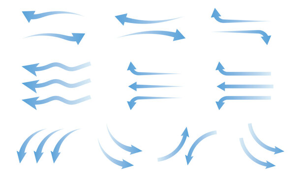 Air flow arrow. Set of blue arrows showing direction of air movement. Air flow isolated on white background.