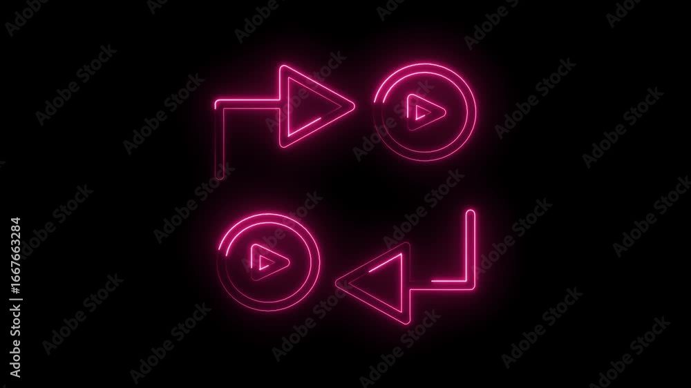 Poster glowing neon pink play button and rewind arrow icons in a circular loop animation on a black