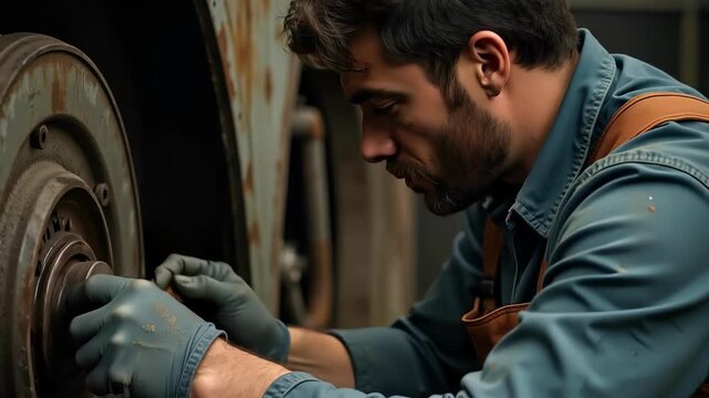 Dedicated worker meticulously applying lubricant to industrial machinery, capturing the essence of labor and precision in a close-up industrial setting.