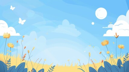 Obraz premium Fresh Spring Outing Wallpaper: Aesthetic Hand-Drawn Scene of Flower Sea & Blue Sky