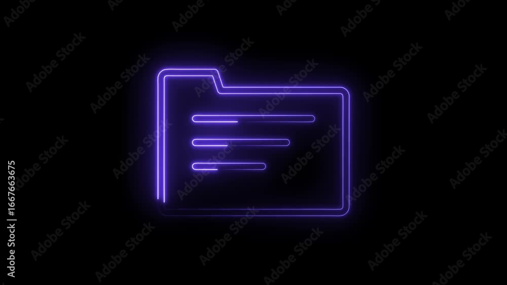 Poster glowing purple neon folder icon with horizontal lines representing documents on a transparent