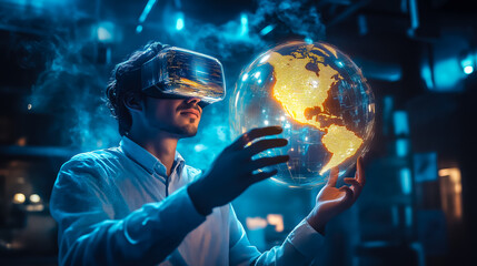 A businessman wearing VR glasses interacts with a holographic globe. The concept of virtual reality, global connectivity, and futuristic business innovation. Generative AI.