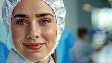 Scientific Dedication: A close-up shot of a smiling scientist, clad in a sterile suit, radiating confidence and expertise, with laboratory blurred behind.