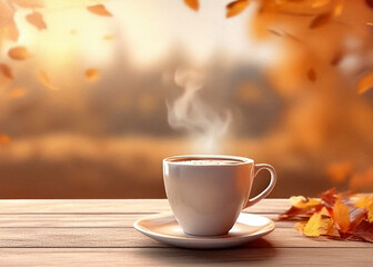 Obraz premium Photorealistic shot of coffee cup with steam, cozy autumn atmosphere, wooden table, copy space for business ads