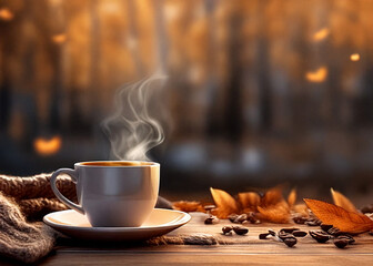 Photorealistic shot of coffee cup with steam, cozy autumn atmosphere, wooden table, copy space for business ads