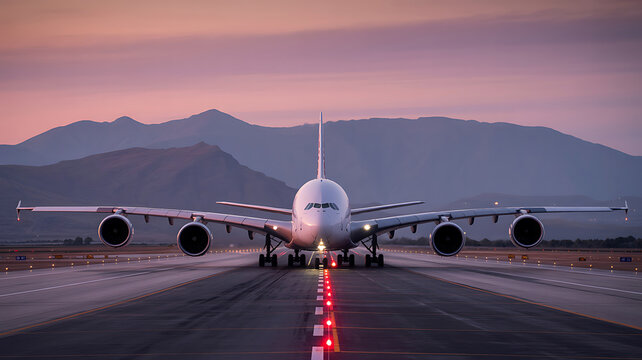 Airbus A380 on runway at dawn with mountain backdrop