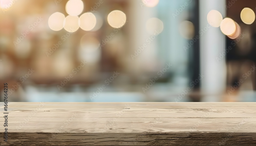 Poster empty dark wooden table in front of abstract blurred bokeh background of restaurant . can be used fo