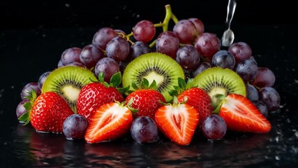 Juicy red strawberries, halved and whole, nestled amongst sliced kiwi fruit and a bunch of dark red grapes, all glistening with water droplets against a black background - Powered by Adobe