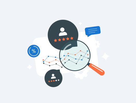 Customer analysis tools with advanced user behavior insights. Customer feedback analytics helping brands improve service quality and business decisions. Modern flat style vector illustration
