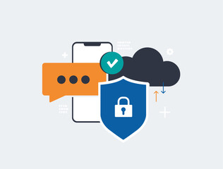 Security concept with smartphone, cloud storage, encrypted communication and shield lock icon representing data protection, safe online messaging and cybersecurity awareness. Vector illustration