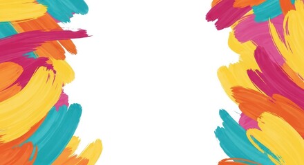 Abstract colorful paint strokes frame a white background.