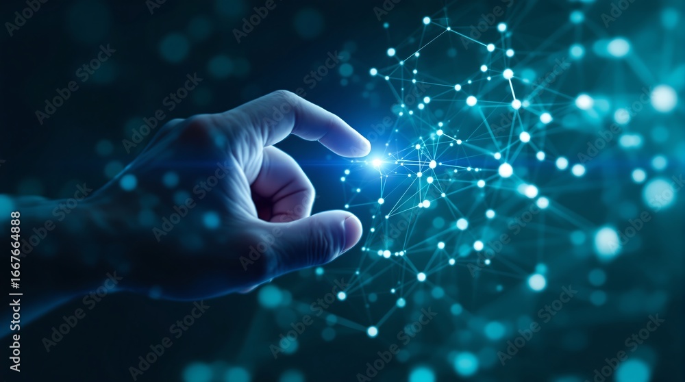 Aufkleber exploring futuristic technology hand touching digital network connection concept art