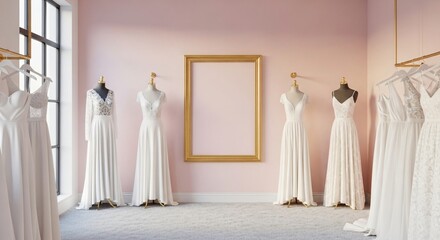 Elegant wedding dresses displayed in modern bridal boutique shop