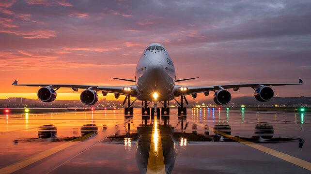 Boeing 747 airplane on wet runway at sunset jumbo jet
