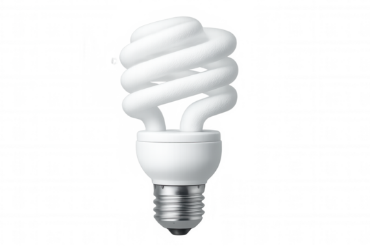Energy-efficient spiral light bulb isolated on transparent background, promoting eco-friendly lighting solutions