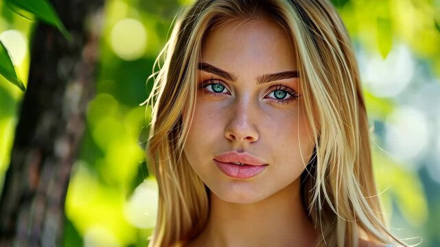 Radiant Portrait of Youth: A stunning young person with captivating eyes is captured in a close-up shot, radiating natural beauty and a serene charm, enhanced by soft.