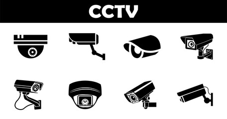 black and white CCTV camera icons. surveillance cameras, including dome, bullet, and outdoor models.